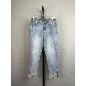 Boston Proper Mixed Pearl Ankle Jeans Womens 12 Blue Zip Ankle Hi Rise Stretch